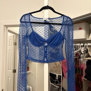 Chic Blue Sheer Lace Blouse